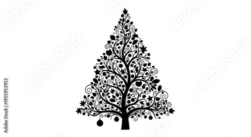 A minimalist christmas tree illustration with ornaments and a simple design.