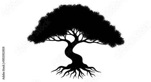 A silhouette of a twisted tree with sprawling branches and roots against a white background.
