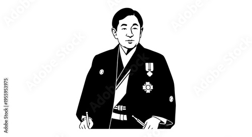 A smiling man in traditional japanese attire with medals on his chest