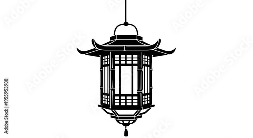 A simple black and white illustration of a traditional chinese lantern hanging from a cord.