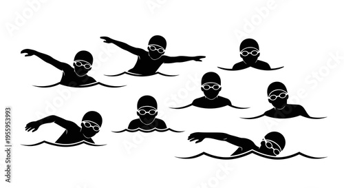 Swimmers in various stages of the butterfly stroke, depicted in black silhouettes against a white background.