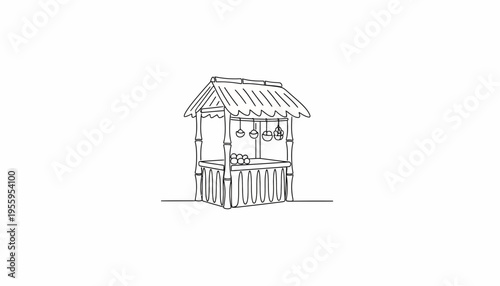 Hand-drawn sketch of a wishing well with a thatched roof and hanging buckets.