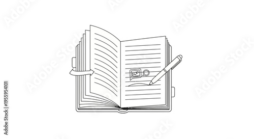 Hand-drawn Sketch of an Open Diary with Pen, Journaling and Note-Taking Concept