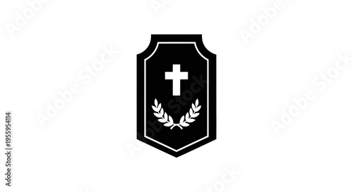 A black shield icon with a white cross and laurel wreath on a white background.
