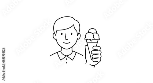 Happy Boy Holding Ice Cream Cone in Hand, Summer Treat, Simple Line Art Icon