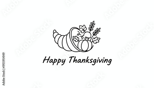 Happy Thanksgiving Cornucopia with Pumpkin and Leaves - Black and White Line Art