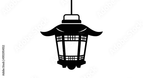 A simple black silhouette of a japanese lantern hanging from a cord against a white background.