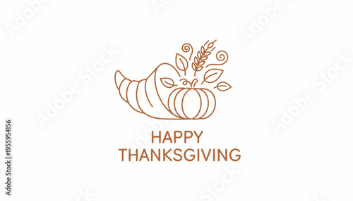 Happy Thanksgiving Cornucopia with Pumpkin and Wheat - Line Art Icon