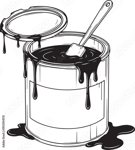 Industrial open paint bucket metal can with dripping thick liquid stirring stick splash mess hardware tool construction renovation supplies
