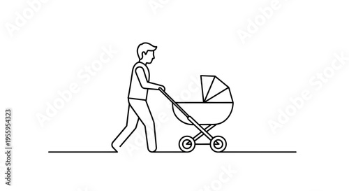 Father Pushing Baby Stroller - Minimalist Line Art Icon