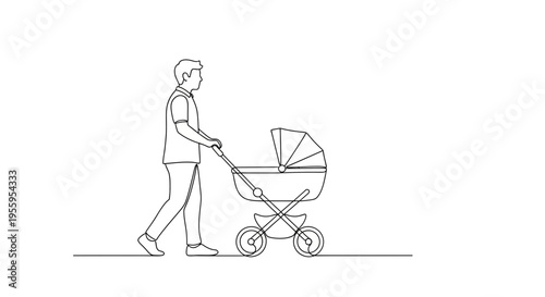 Father Pushing Baby Stroller, Line Art Illustration of Man Walking with Infant Carriage