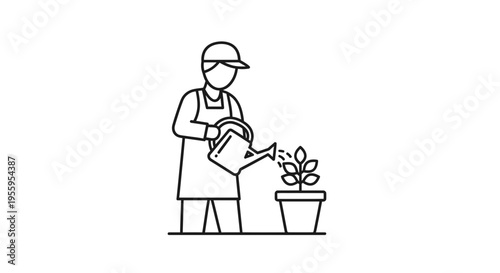 Gardener watering potted plant with watering can, line art icon