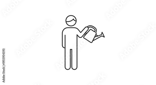 Gardening Icon: Person Watering Plant with Watering Can, Simple Line Art