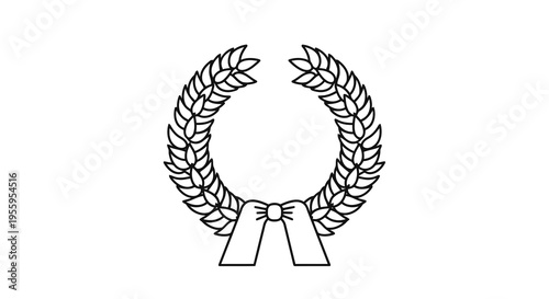 A simple black and white laurel wreath with ribbon on a white background.