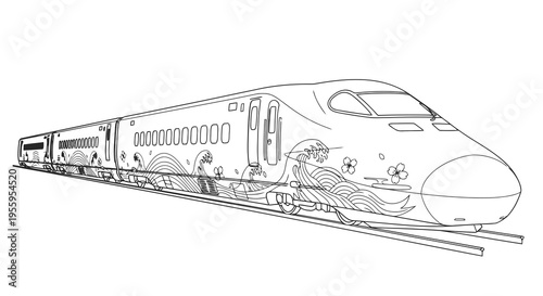 A detailed line drawing of a high speed train on the tracks.