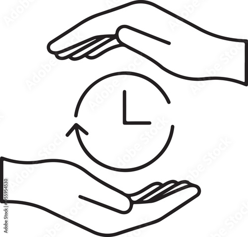 Minimalist outline icon of hands protecting clock with circular arrow representing time management cycle on transparent grid background