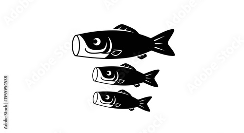 A simple illustration of three fish of varying sizes stacked vertically.