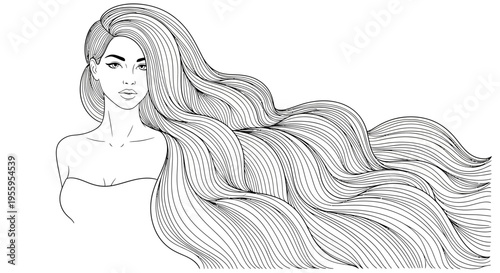 Elegant Woman with Long Flowing Wavy Hair, Black and White Sketch Art
