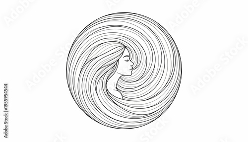 Elegant Woman's Profile Silhouette with Swirling Long Hair in Circle, Black and White Line Art