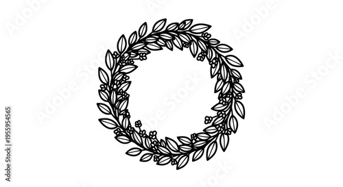 A simple black and white illustration of a circular wreath made of leaves.