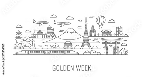 A simple line drawing of famous landmarks during golden week in japan
