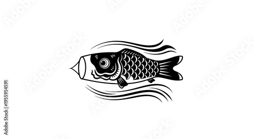 Simple black and white illustration of a goldfish swimming