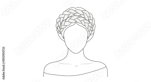Elegant braided crown hairstyle, artistic line drawing of a woman's head with intricate braided hair updo