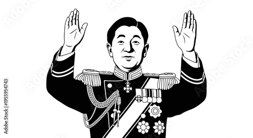 A military officer in uniform with hands raised in a gesture.