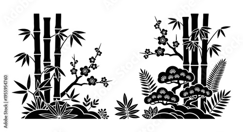 Black and white illustration of two bamboo forest scenes with plants and flowers.