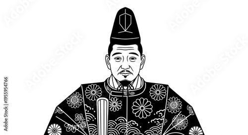 Ancient chinese official in traditional attire and hat holding a scroll.