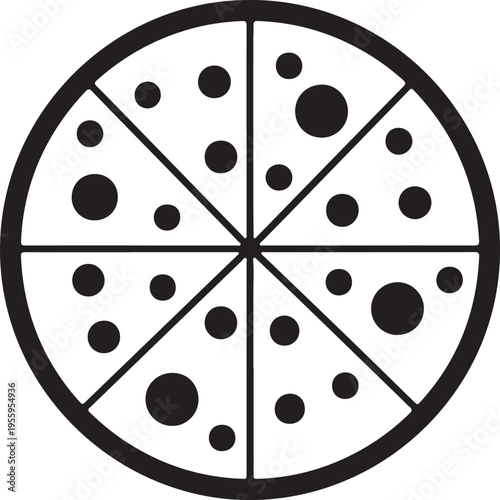 Pizza cut into eight slices with round toppings in black and white on transparent background flat vector illustration