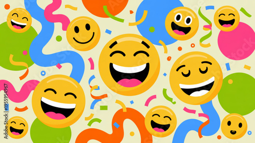 Colorful smiley face emojis with confetti and balloons on a festive background for celebrations