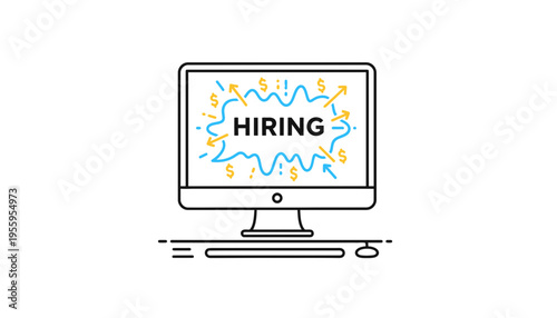 Computer Screen Displaying "HIRING" with Dollar Signs and Arrows - Online Recruitment Concept