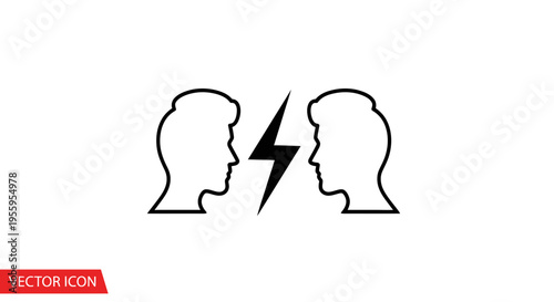 Conflict Icon: Two Heads Facing Off with Lightning Bolt Symbolizing Disagreement
