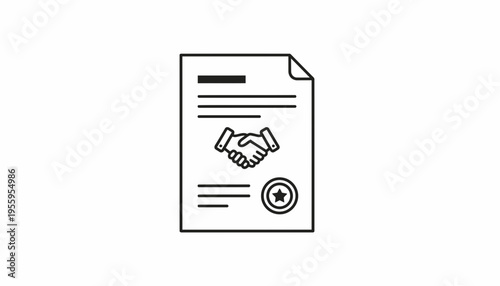 Contract Agreement Document with Handshake and Seal Icon, Business Deal Symbol