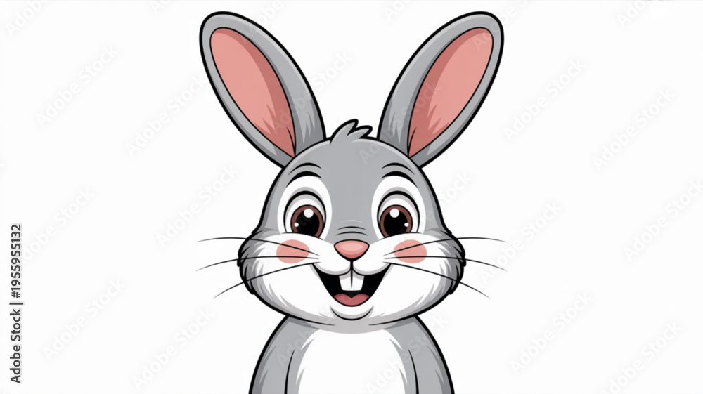 Fototapeta premium Smiling cartoon rabbit with big ears and rosy cheeks looking happy and friendly on white background