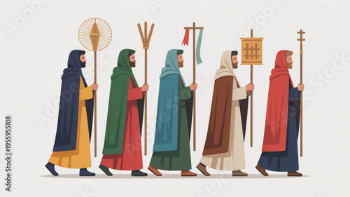 Six biblical figures in robes walking with staffs and symbolic objects in a procession