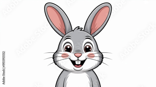Smiling cartoon rabbit with big ears and rosy cheeks looking happy and friendly on white background