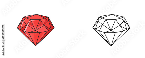 Single faceted ruby gemstone vector illustrations shown in colored cartoon and black outline linear styles, bright red and crimson translucent hues, representing precious diamond-cut jewel on white ba