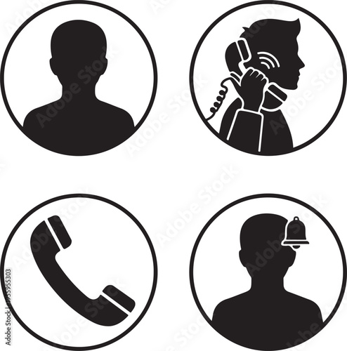 Set of human icons with phone receiver and notification bell in four different variations on transparent background