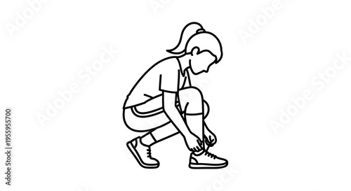 Young girl tying shoelaces, preparing for sports or activity, line art illustration