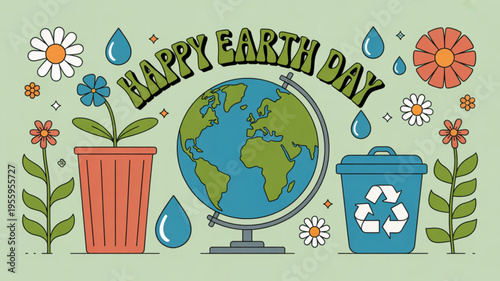 Happy earth day illustration with globe recycling bin flowers and water droplets on green background