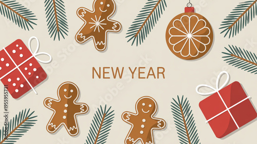 Festive new year scene with gingerbread men gifts and ornaments on beige background with pine branches