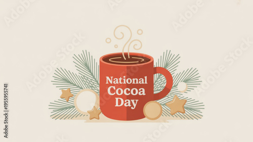 Warm red mug with national cocoa day text surrounded by festive pine needles and decorations
