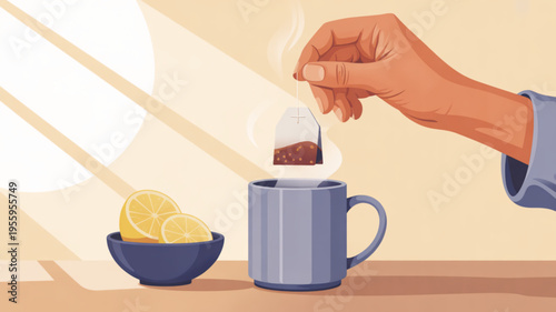 Hand placing tea bag into a gray mug on a wooden table with lemons in a blue bowl
