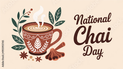 National chai day celebration with steaming cup of chai tea and spices on beige background