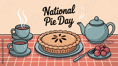 National pie day celebration with tea and cherry pie on red tablecloth