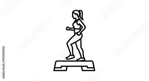 Woman doing step aerobics on a fitness platform, line art icon