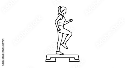 Woman doing step aerobics on a fitness platform, line art illustration