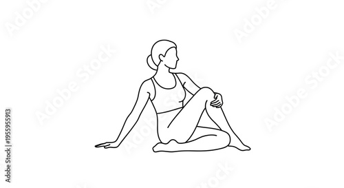 Woman doing seated spinal twist yoga pose, line art, healthy lifestyle, wellness